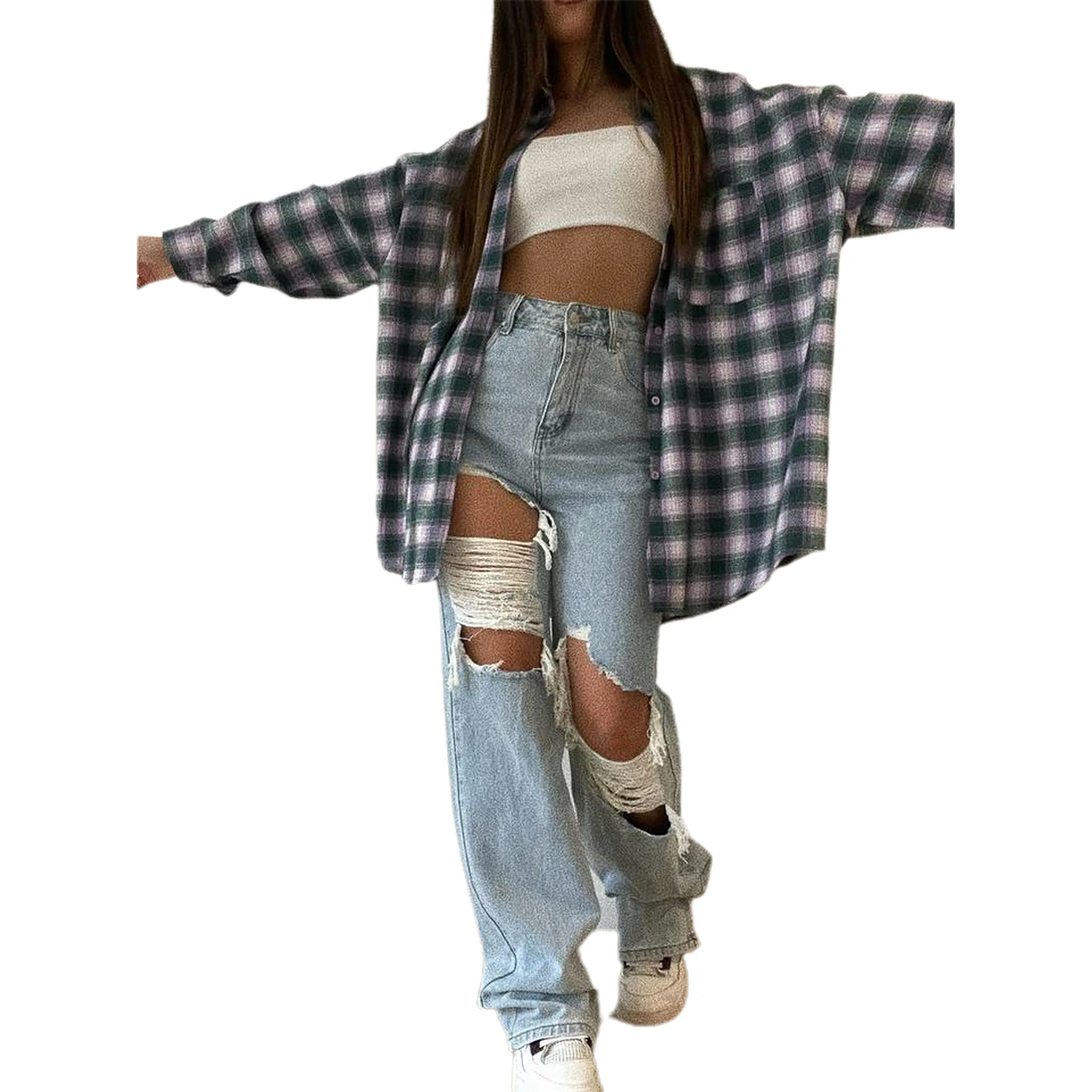 Female Ripped Jeans, High Waist Hollow Out Trousers Straight-Leg Pants For Spring Summer Fall, Light Blue, XS/S/M/L