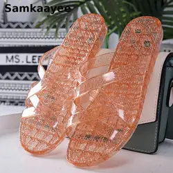 Size 36-41 Women Slippers Summer Female Flats Shoes Peep Toe Crystal Sandals Soft Bottom Transparent Non-Slip Bathroom Slippers