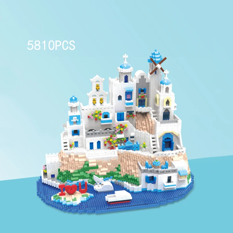 World Famous Scenic Spot Building Brick Aegean Sea Micro Diamond Block Greece Santorini Model Nanobricks Educational Toys