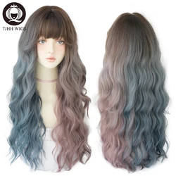 7JHH Deep Wave Long Hair Omber Blue Red Black Wigs For Women Colored Heat Resistant Hair Lolita Wigs With Bangs Wholesale