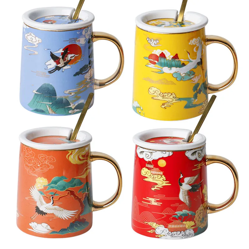 

Creative National Tide Style Festive Mug With Spoon And Lid Personality Ceramic Cup Chinese Style Couple Coffee Water Cup