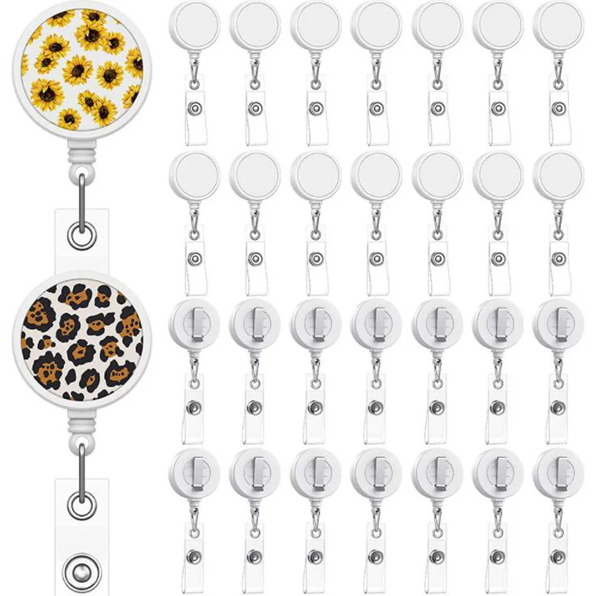 

DHL200pcs Sublimation DIY ID Holder Name Tag Card Key Badge Reels Round Solid Plastic Clip-On Retractable Pull Reel