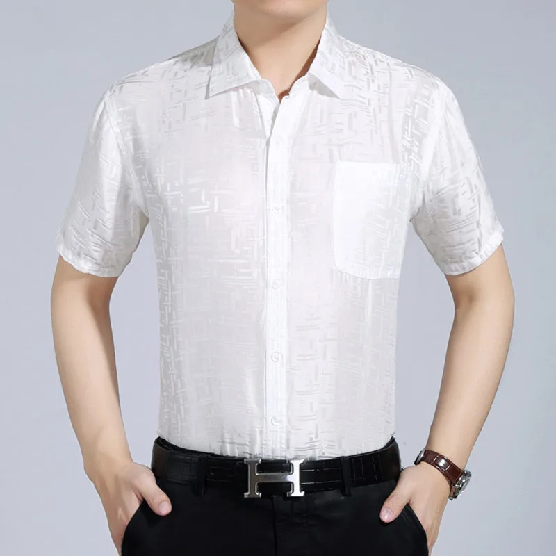 Real 2023 New Summer Silk Shirt Men White Short Sleeve Shirt Formal Man Shirts High Quality Camisa Masculina KJ1943