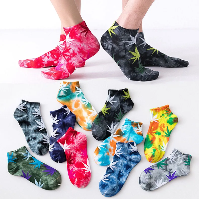 Tie-dye socks Fashion Men Socks Cotton Weed Colorful Women Soft Breathable Short Ankle Socks Maple Leaf Casual happy calcetín