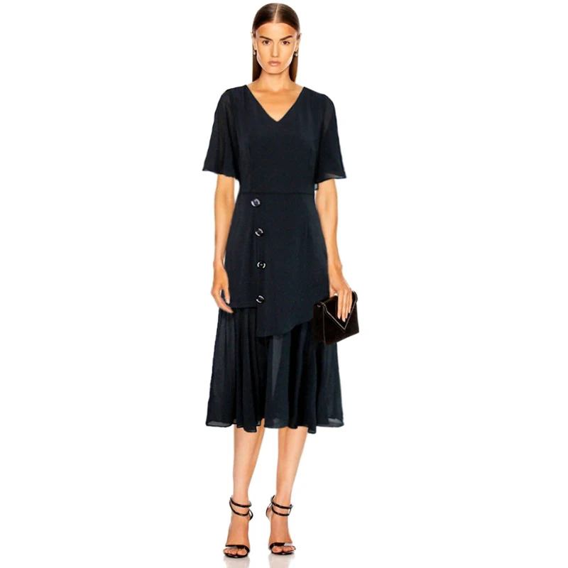 

High Quality Summer Fashion Party Casual Sexy Workplace Vintage Elegant Chic Slim V-neck Black Bat Sleeve Slim Chiffon Dress