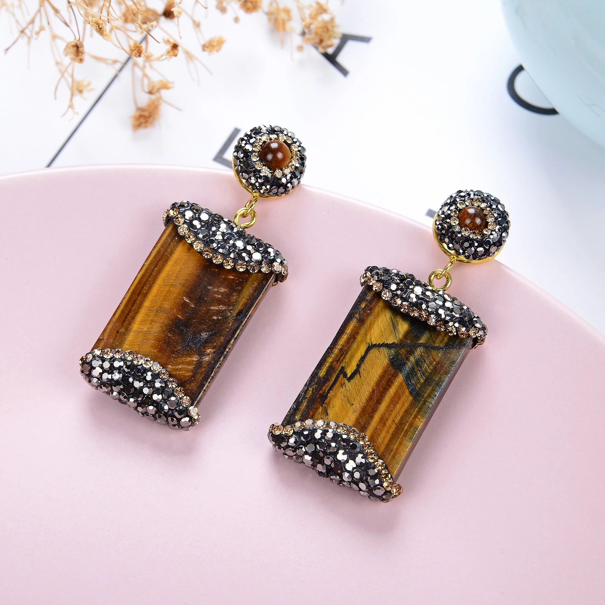 Natural Tiger Eye Stone Unusual Earrings 2020 Geometric Stone Black Rhinestone Handmade  Long Hanging Earrings Women Jewelry