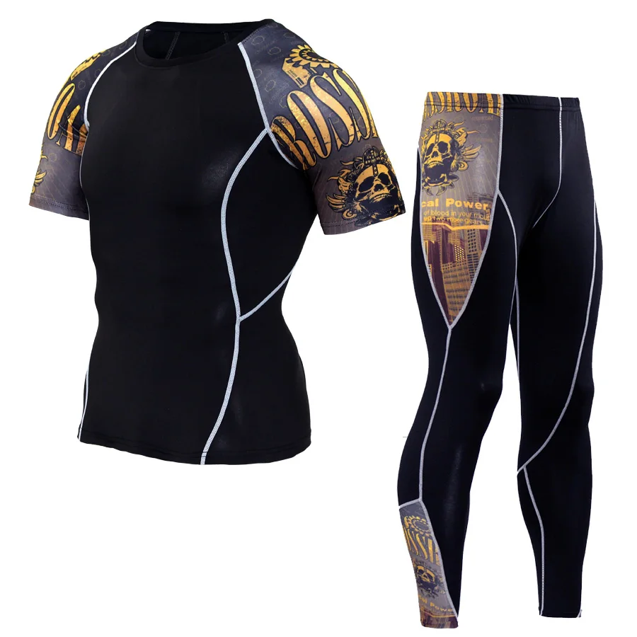 Compression Men Sports Quick Dry Running Suits T Shirt Pants Sets MMA Jogging Clothes Gym Sportswear Training Fitness Tracksuit