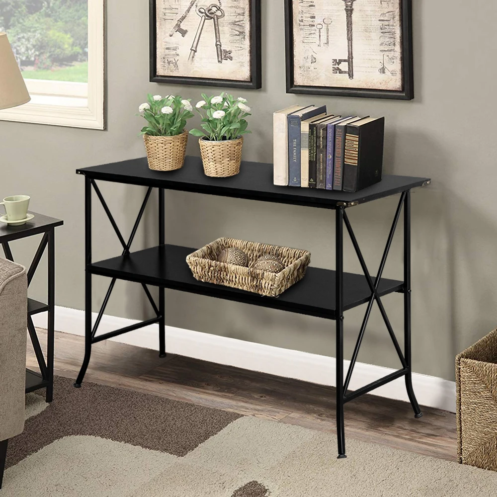 US Warehouse Artisasset Black MDF Countertop Black Wrought Iron Base 2 Layers Console Table Side Table End Table