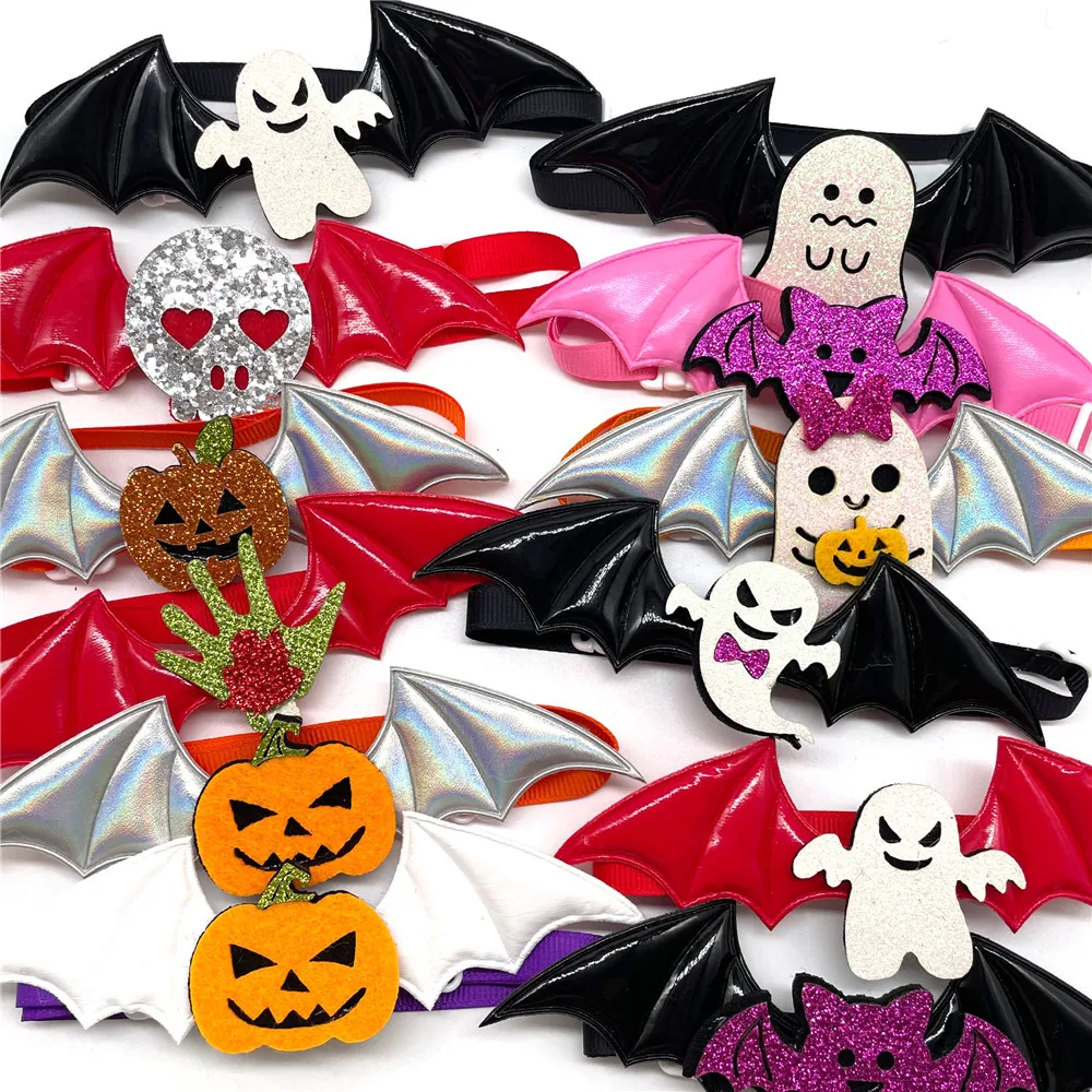 Imagem -06 - Halloween Cão Laço Asas Estilo Abóbora Crânio Acessórios Pequeno Gato do Cão Gravata Pet Gato Filhote de Cachorro Bowties Ajustáveis 50 100 Peças