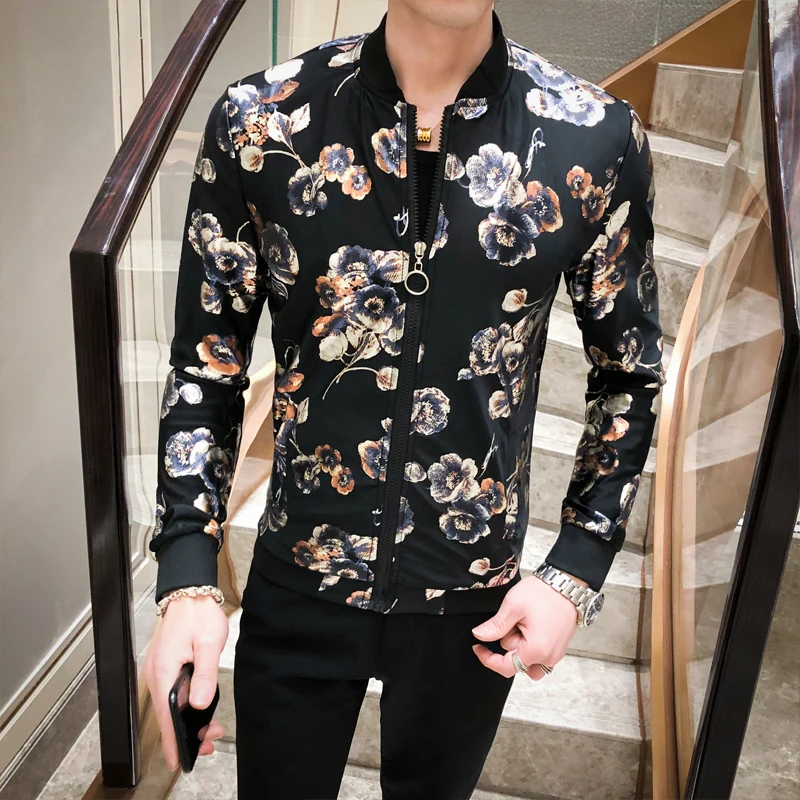 Designer Party Nightclub Jacket Manteau Homme Flower Print Jacket Spring Summer Jacket See Through Sexymen Stage Cloth For Men