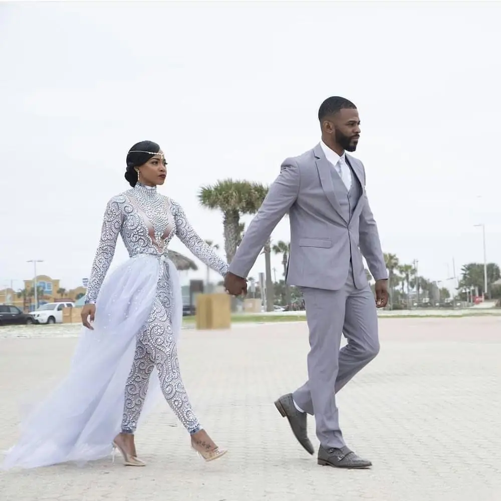 Plus Size 2019 Jumpsuits Wedding Dresses With Detachable Train High Neck Long Sleeves African Beaded Wedding Dress Bridal Gowns