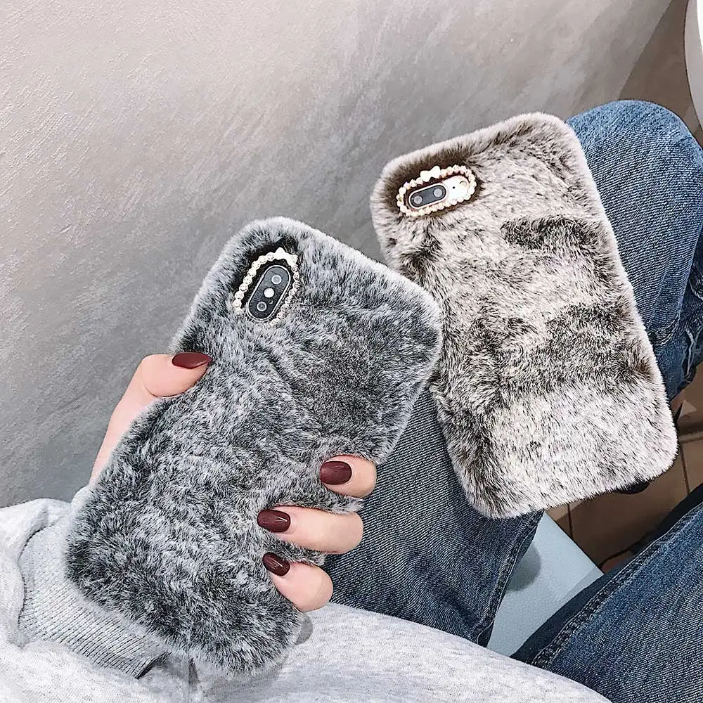 Case for iPhone 14 13 12 11 Pro Max XS XR X 8 7plus Furry fluffy Fur Back Cover for iPhone 6 6s Plus SE Plush Warm Phone Cases