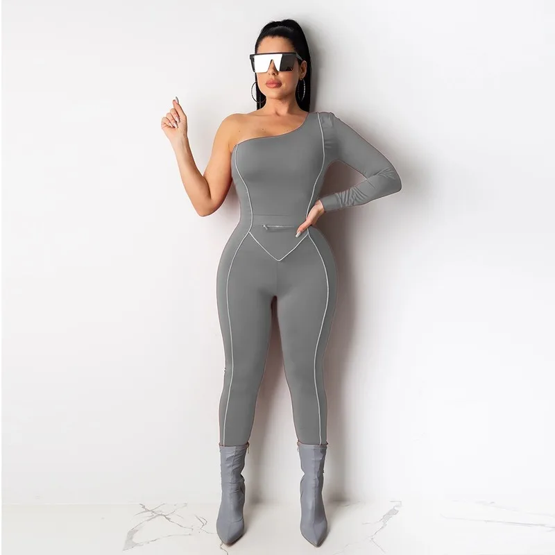 2021 Fitness One Shoulder Rompers Women Jumpsuit Autumn Bodycon Playsuits for Female Long Sleeve One Piece Overalls Tracksuits