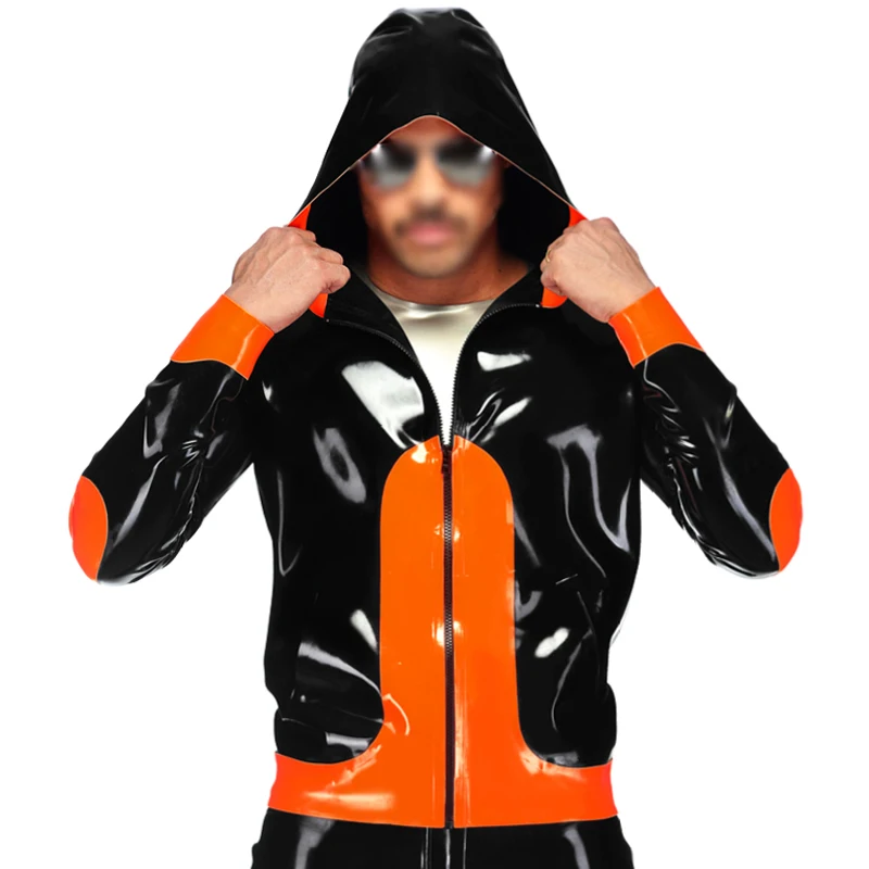 Orange And Black Sexy Latex Jacket With Zippers Pockets Hoodies Rubber Coat Top YF-0278