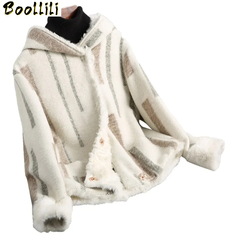 

New Boollili 2023 Thick Woolen Coats Hooded Natural Lamb Fur Liner Warm Winter Coat Women Fashion Women's Fur Coat