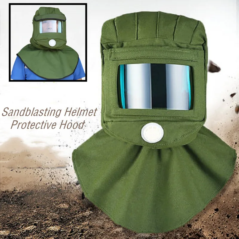 Capucha de chorro de arena de seguridad, máscara de casco de cara completa, pantalla de vidrio de gran visión, válvula de respiración, ventilación trasera, protección antipolvo