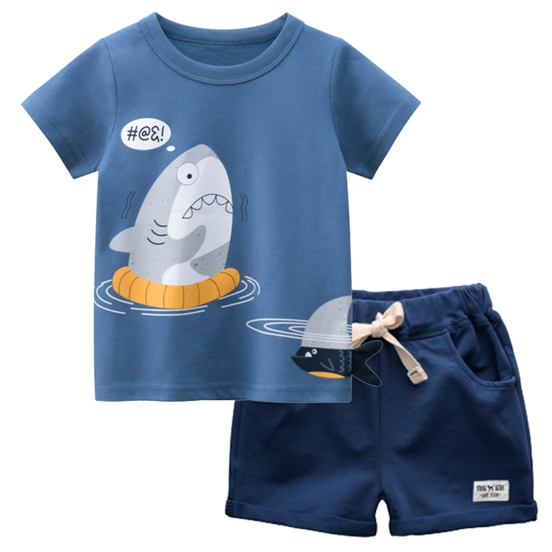 BINIDUCKLING Toddler Boys Summer Clothes Set Cute Shark Printed Cotton Short Sleeve Top Shorts Kids Boy Fashion Outfits Size 6 7