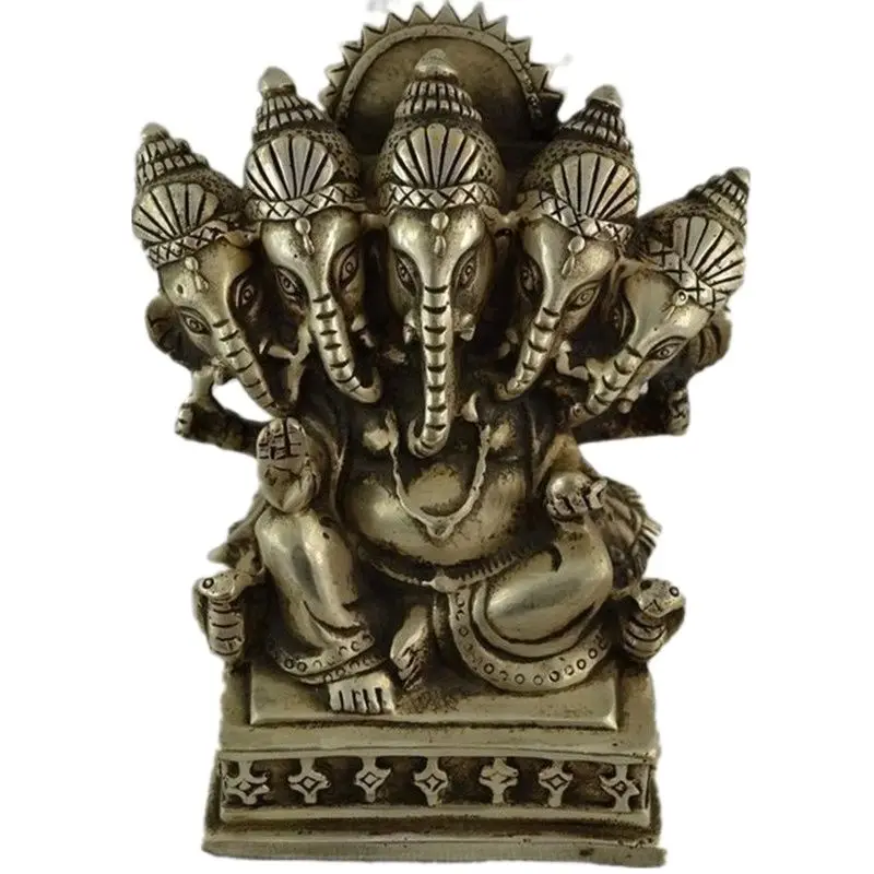 

China Silver Buddhism Tibet 5 Head Ganapati Ganesh Lord Ganesha Buddha Statue metal handicraft