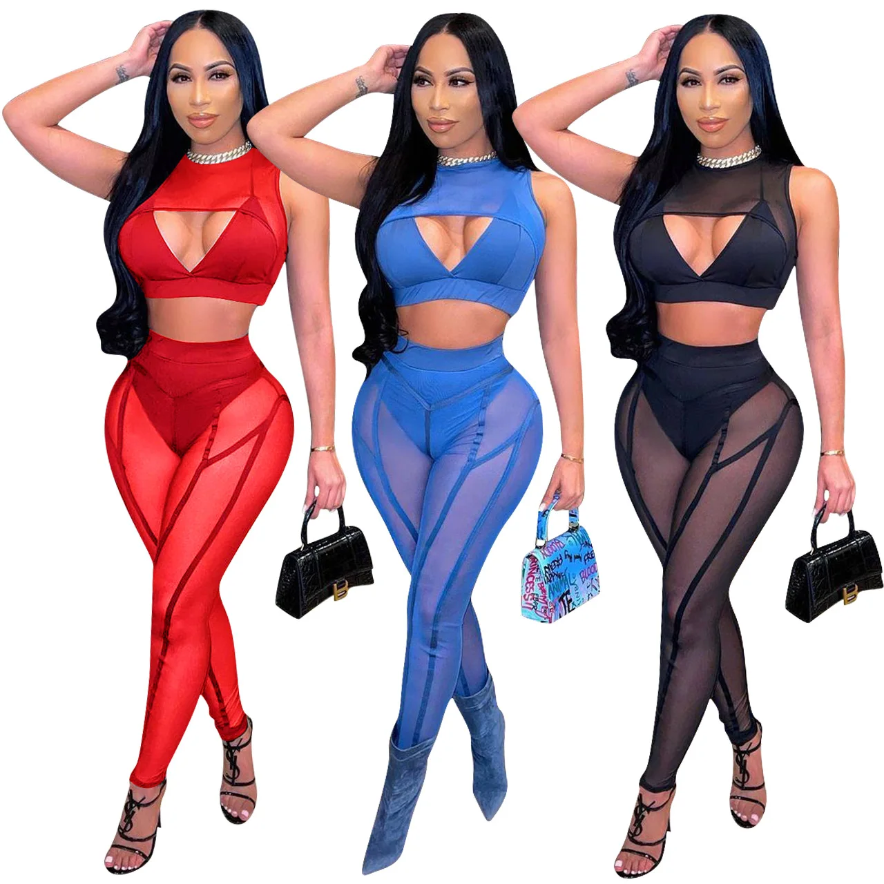 Sexy Sheer Mesh Patchwork Two Piece Set Women Sleeveless Crop Top + Pants Suits See Through Club Party Women Set Outfits