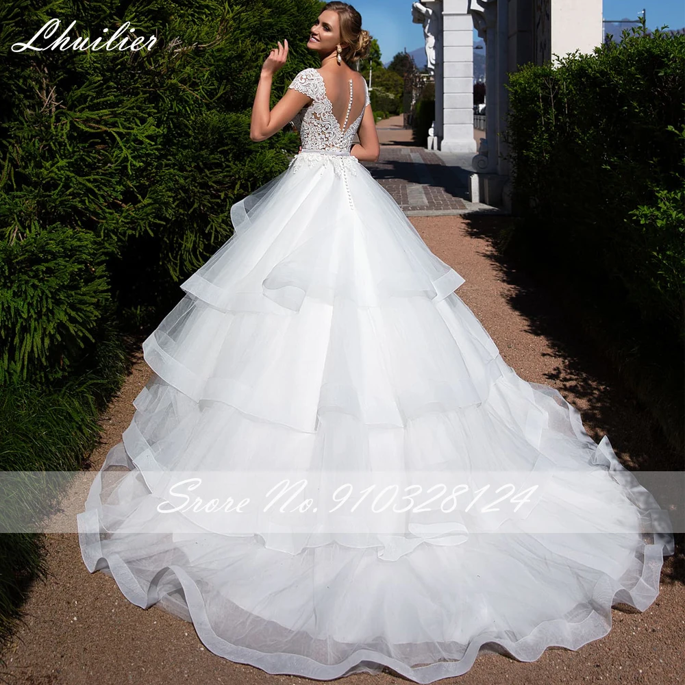 Lhuilier Customized Ball Gown Wedding Dresses V-Neck Short Sleeves Floor Length Ruffled Bridal Gowns with Belt