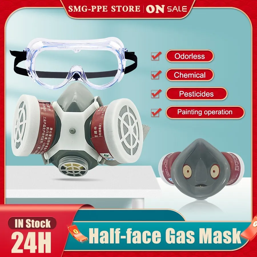 Gas Mask Respirator Painting Spray Anti Dust Filter with Protective Glasses Breathing Valves Light Weight Construction Miner