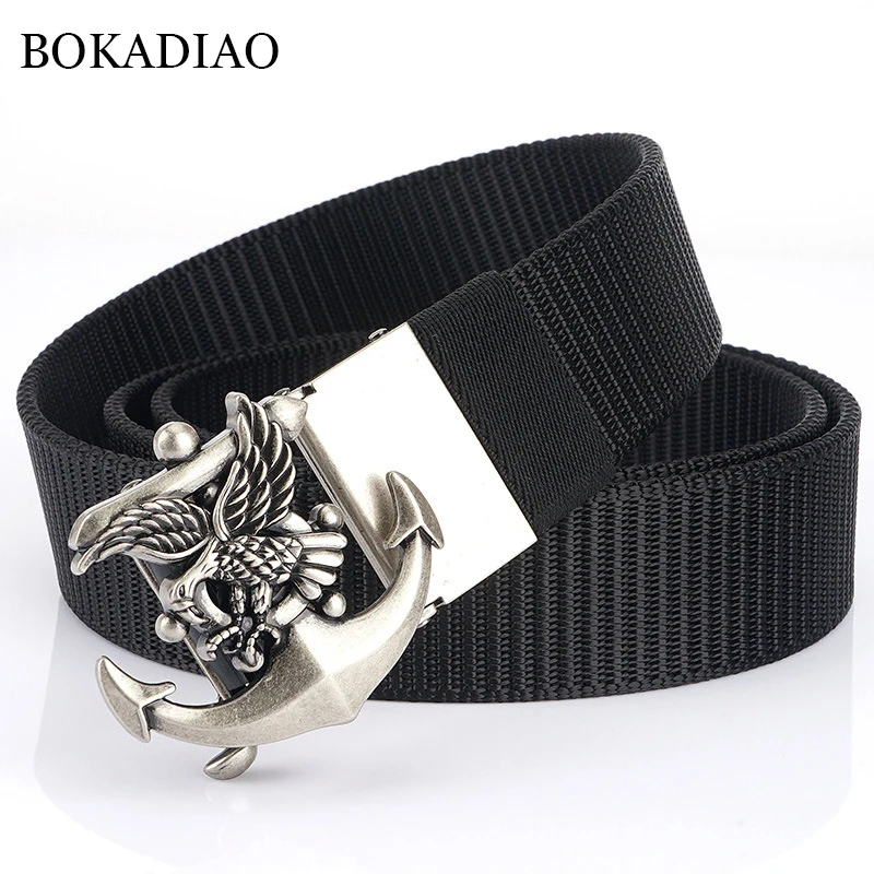 BOKADIAO Man's Nylon Belt Luxury Gold Eagle Metal Automatic Buckle Canvas Belts for Men Fashion Jeans Waistband Black Male Strap