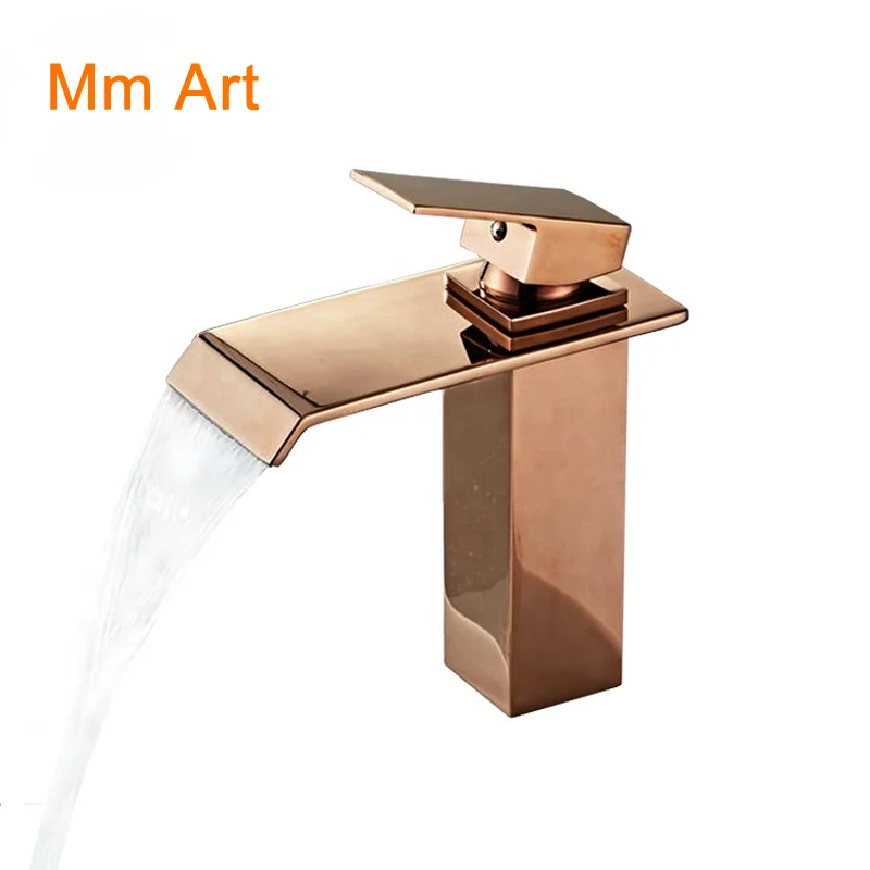 

Wholesale Fashionable Brass Rose Gold Waterfall Bathroom Sink Faucet Mixer Deck Mount Square Basin Mixer Water Tap RS1440