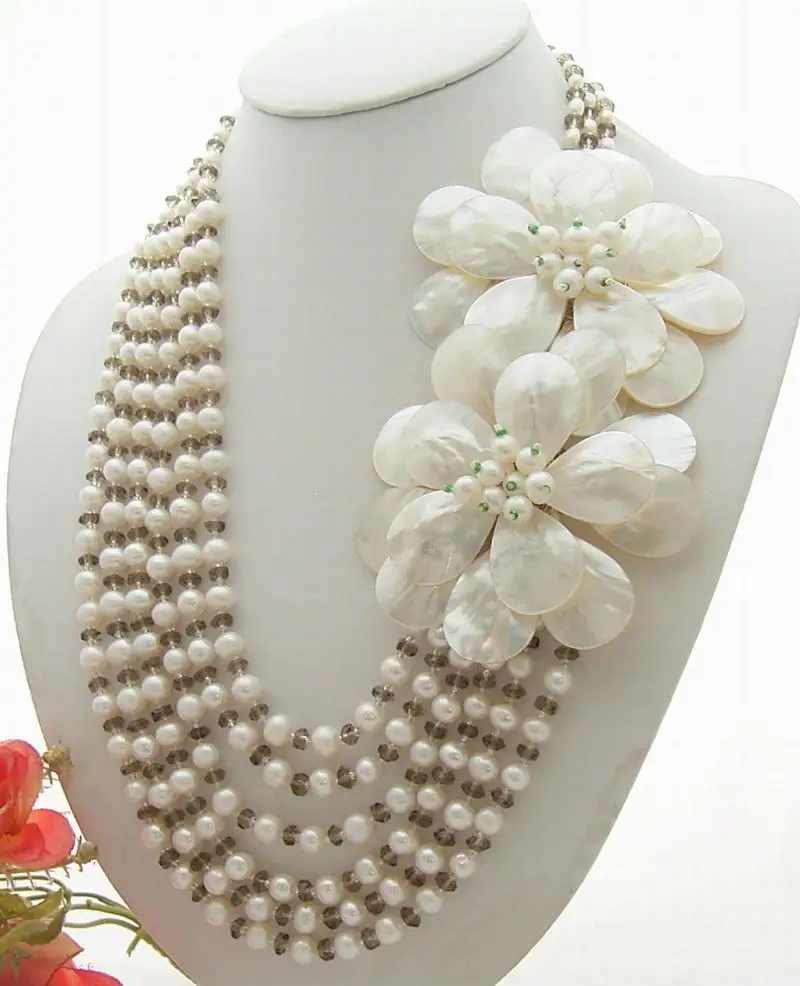 Y·YING Natural White Freshwater Pearl Crystal Shell Flower Statement Necklace Women's Jewelry