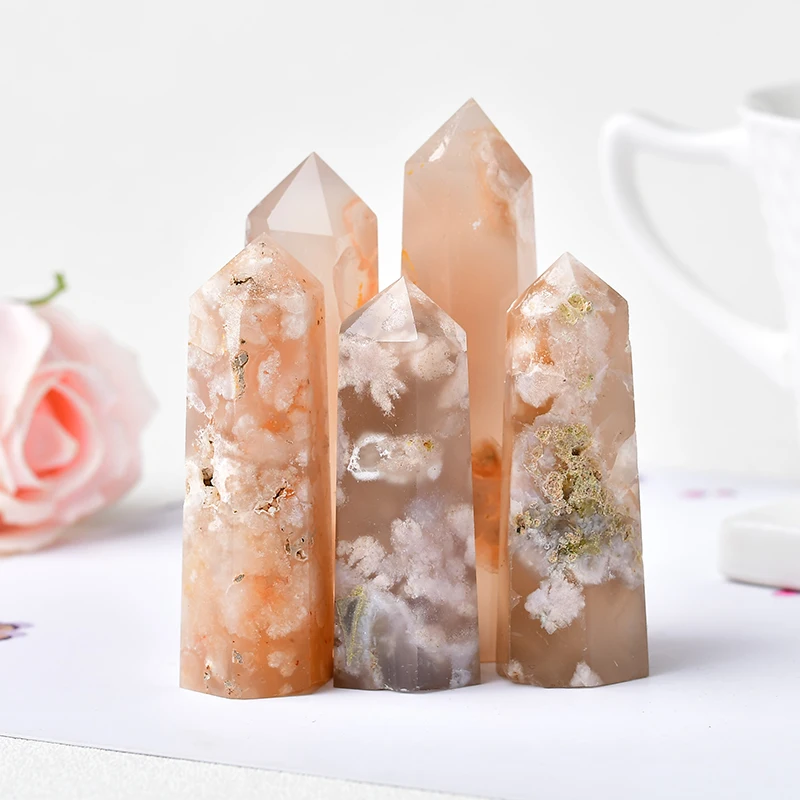 Natural Crystal Quartz Point Healing Stone Cherry Blossom Agate Hexagonal Prisms 50-80mm Obelisk Wand Stone Tower Home Decor