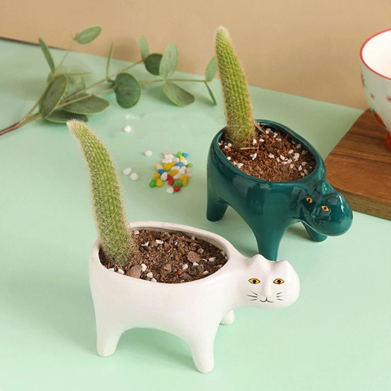 Cartoon Cat Flowerpot Succulent Planter with Drainage Ceramic Plant Flower Pot Garden Cactus Plants Potted Vase Home Decoration