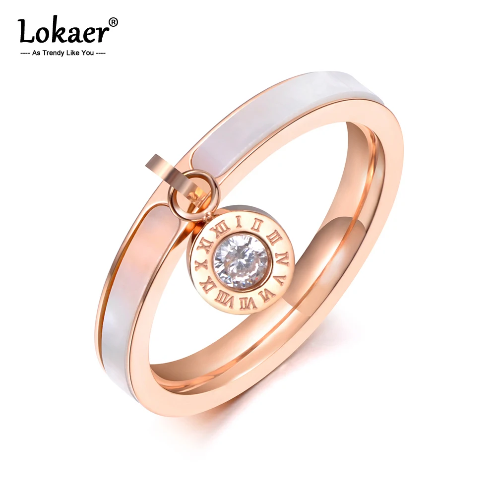 Lokaer Trendy Rose Gold Plated CZ Crystal Rhinestone Titanium Steel White Shell Wedding Rings For Women Engagement Gifts R19064