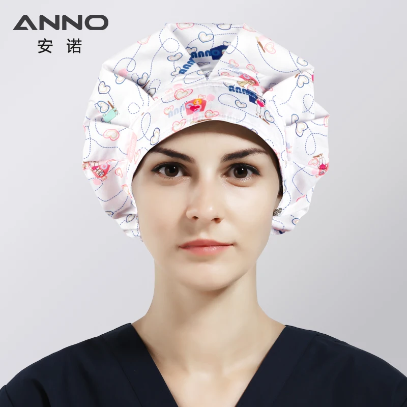 ANNO Cotton Caps Women Hospital Doctor Nurse Work Hats Bouffant Nursing Cap with Sweatband Long Hair Head Wear Chlorine Bleach