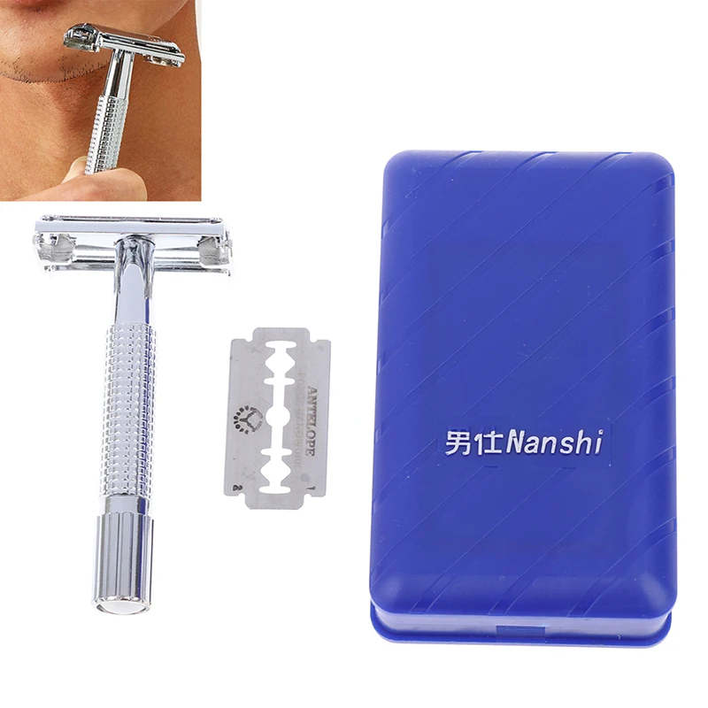 Stainless Steel Classic Razor Men\'s Traditional Classic Double Edge Chrome Shaving Safety facing Razor + 1 Blades Holder Men