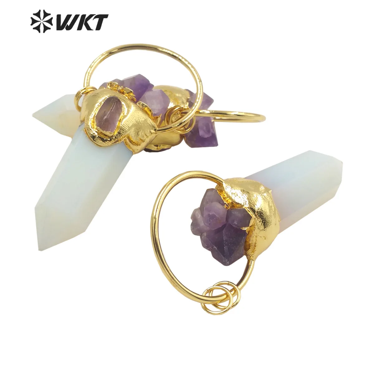 WT-P1748 Procurement Good-Looking Natural White Hexagonal Crystal Blend Purple Crystal Pendant Stone With Gold Rings