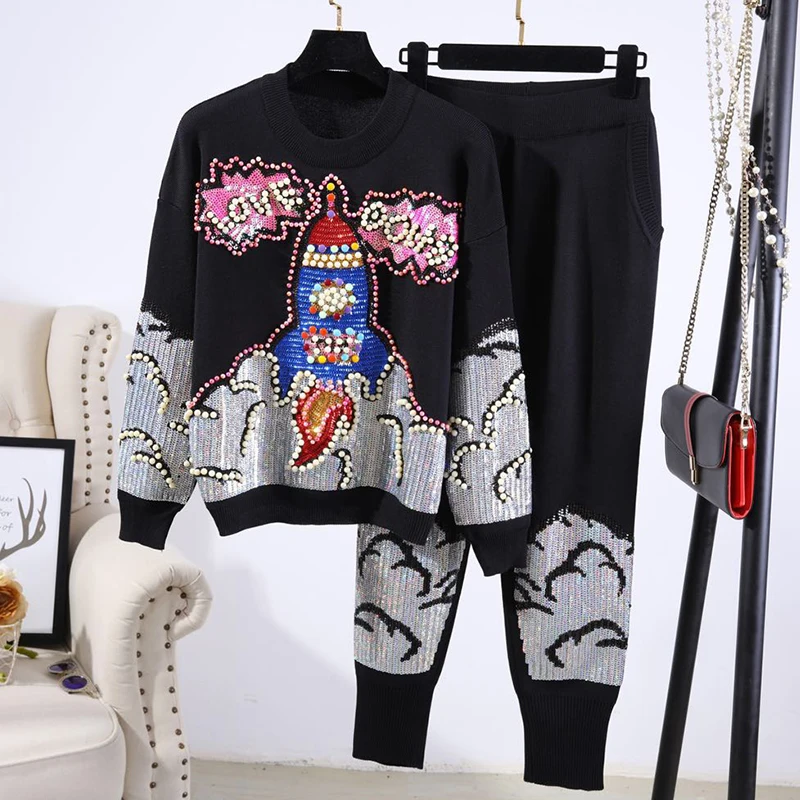 Fashion Black Gray Knitted Tracksuit Women 2pc Manual Beading Sequin Pullover Sweater Pencil Pants Set Loose Knit Outfits Female