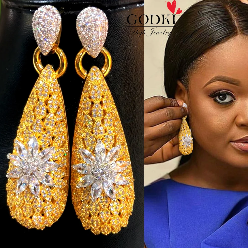 

GODKI Luxury Waterdrop Flower Earrings Full Mirco Paved Cubic Zircon Naija Dubai Wedding Earring Fashion High End Jewelry