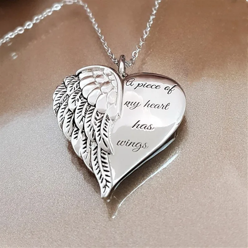 Hot Sale Women Necklace Letter A Piece Of My Heart Has Wings Gold Silver Alloy Love Heart Wings Pendant Feather Angel Necklaces