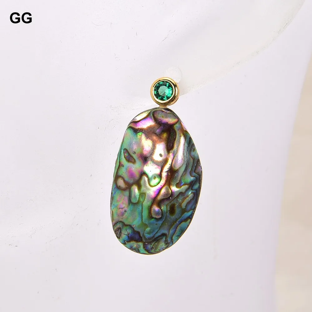 G-G Natural Abalone Shell freeform Green Cubic Zirconia pave Stud Earrings vintage style for women