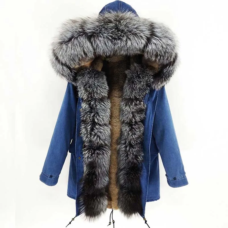 

Winter Parka Women's Real Fox Fur Big Collar Parka Red Fox High Quality Natural Silver Fox Fur Coat Thick Warm Fur parka