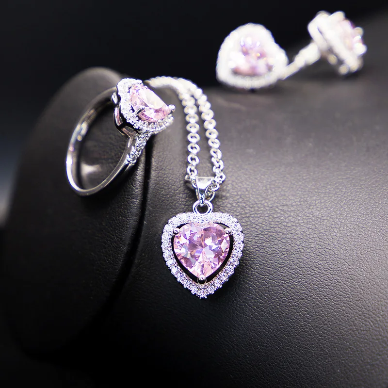 Cellacity Heart shaped Silver  Jewelry Set for Women Trendy Women\'s Wear Jewelry Ring Earrings Necklace Bracelet Engagement