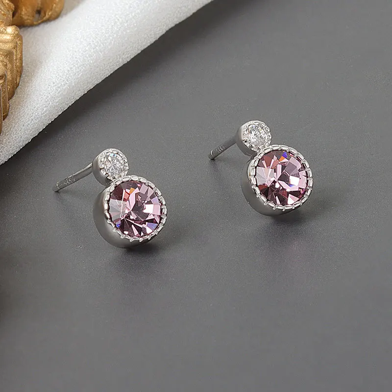 LIVVY Round Blue Pink Crystal Stone Silver Color Earrings Charm Women  Fashion Temperament Light Luxury Jewelry Gift