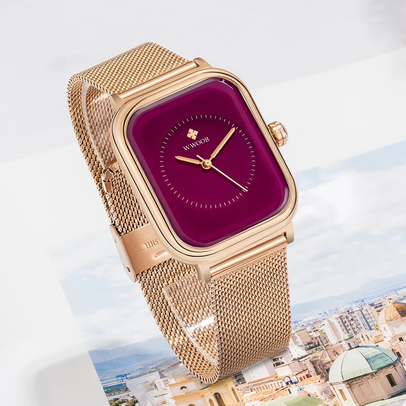 WWOOR Watches For Women 2024 Top Brand Luxury Purple Rectangle Quartz Wrist Watch Waterproof Steel Mesh Ladies Dress Watch Xfcs