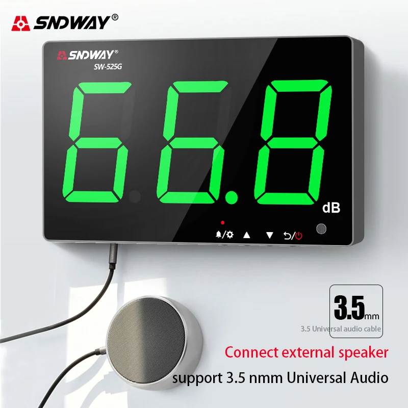 SNDWAY Wall-mounted Sound Level Meter Green Light 30-130 db Digital Noise Meter USB Charging Measuring Decibel Monitoring Noise