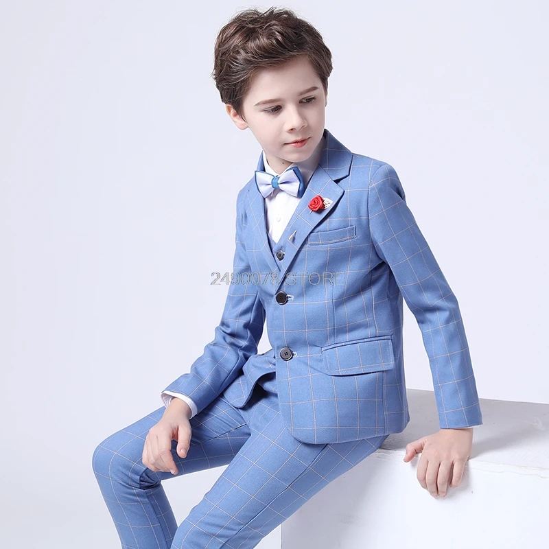 

Flower Boys Luxurious Wedding Suit Kids Plaid Jacket Vest Pants Bowtie 4Pcs Dress Children Piano Show Performance Party Costume