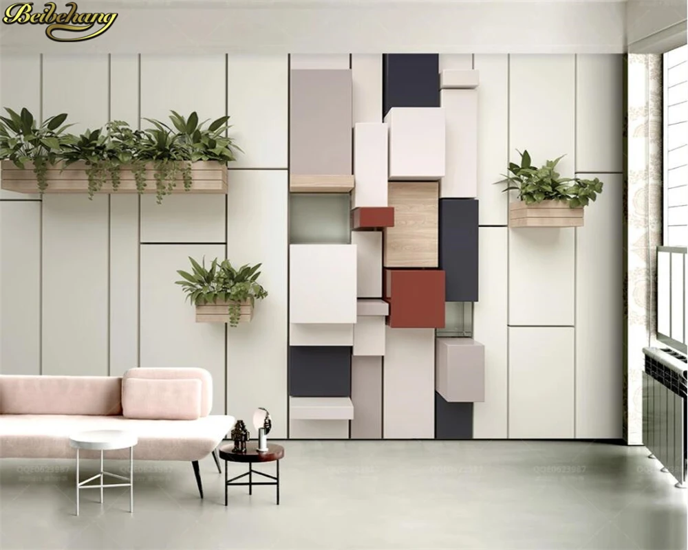 

beibehang Custom wall paper mural geometric cube mosaic fresh green plant potted TV background wall papel de parede 3d wallpaper