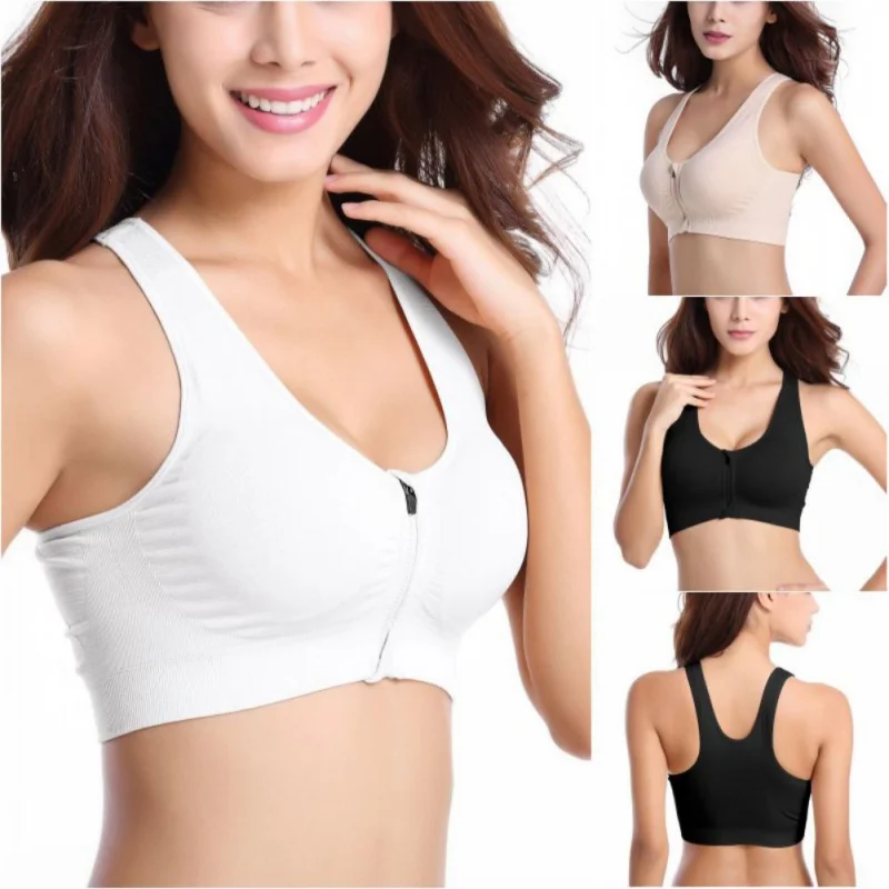 

Plus Size M-4XL Women Front Zipper Closure Push Up Bras Shockproof Fitness Vest Removable Padded Wireless Tops