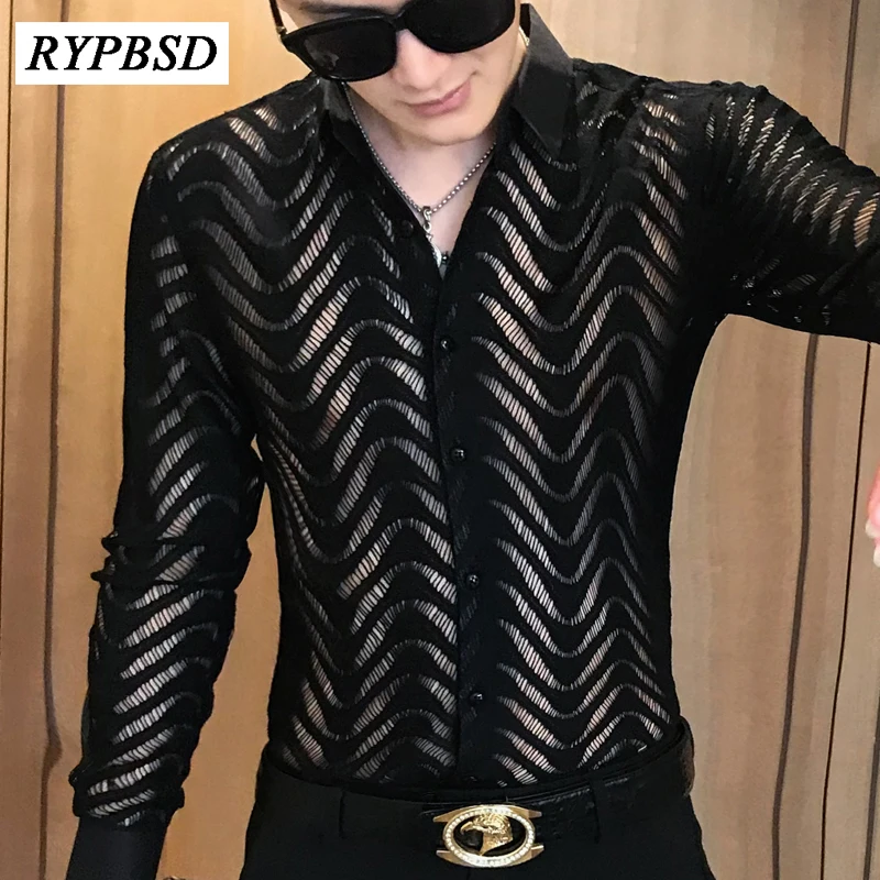 Sexy Transparent Men Long Sleeve Slim Fit Tuxedo Shirt Hollow Camisa Hombre Black White Gothic Party Casual Dress Shirt for Men