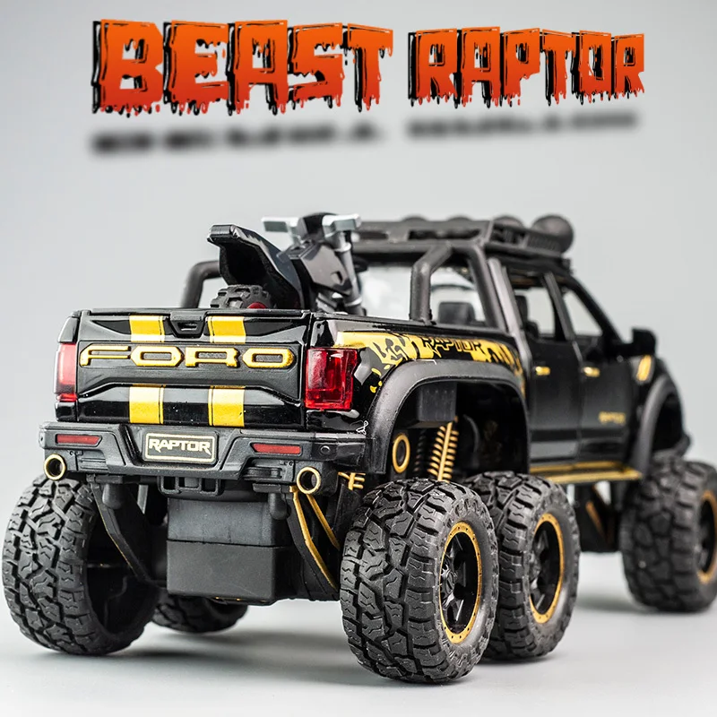 Modelo de coche Ford Raptor F150, rueda grande de aleación fundido a presión con luz de sonido, coche de juguete para niños, regalos de Navidad, 1:28