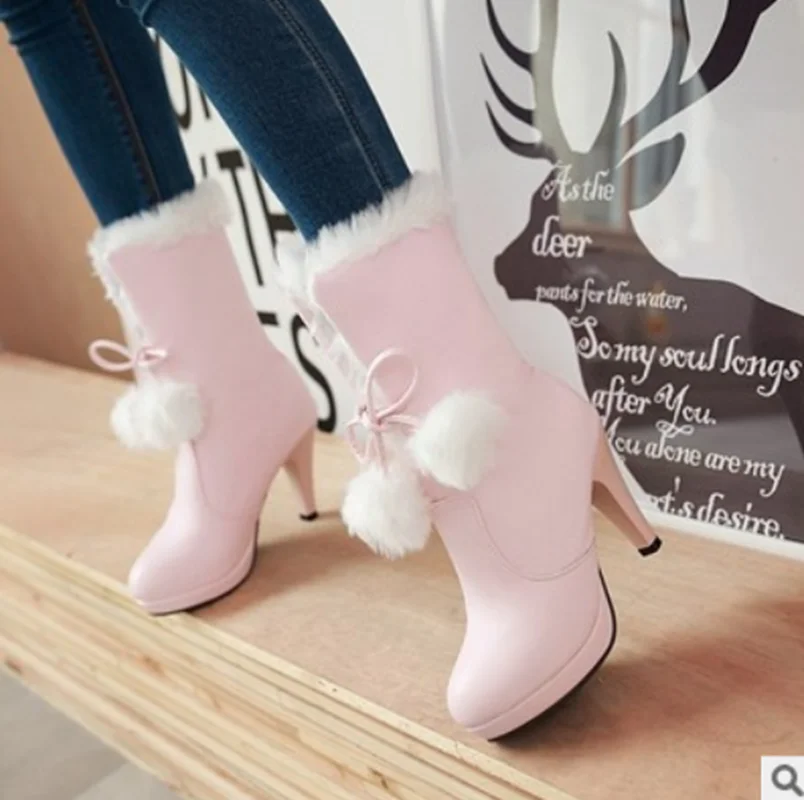 Japanese trend cuffed short boots with fur ball decoration high heel boots sweet and elegant knight boots weet lolita shoes