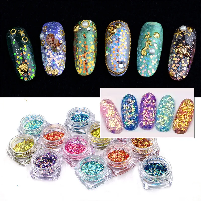 1pc 12 Farbe Glitter Schildkröte Waagen Flakes Multicolor Nagel Pulver Glitter Nagel Flecken Pulver Nail art 3D Dekoration Werkzeuge